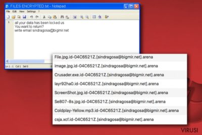 Bilješka Arena zloćudnog softvera iz datoteke FILES ENXRYPTED.txt