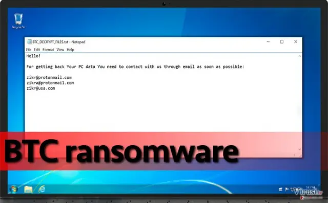 Screenshot of the ransom note left by BTC virus